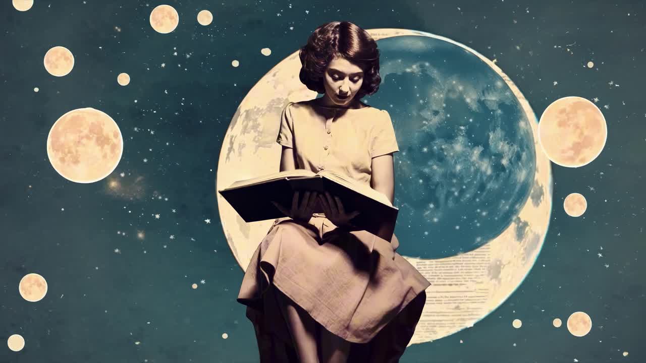Vintage-style video with a surreal concept, featuring a woman reading a book against a cosmic
