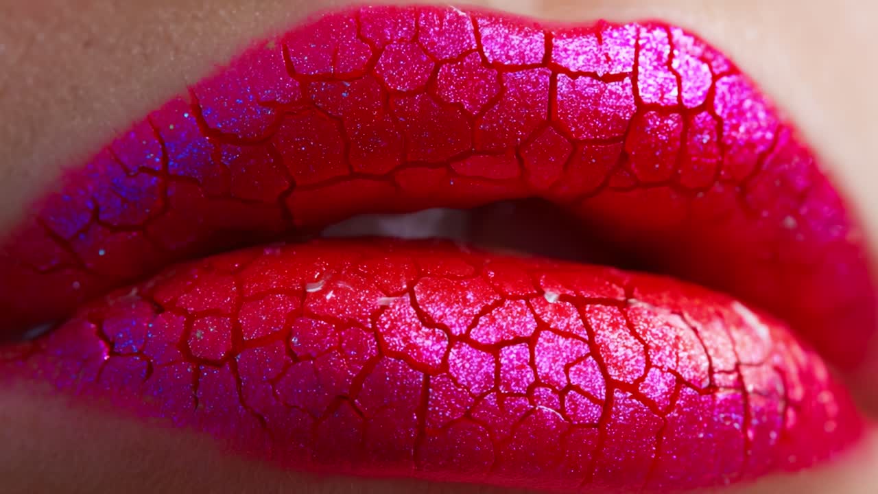 A Stunning Close-Up of Textured, Cracked Lip Color Featuring a Vibrant Pink and Red Hue with Iridescent Shimmering Particles, Perfect for Bold Cosmetic Artistry and Makeup Inspiration