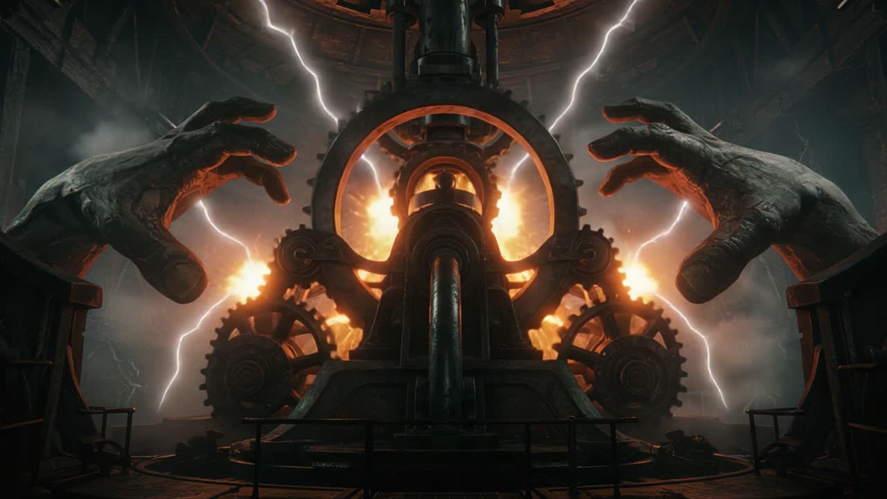 A Dramatic Scene of Mechanical Power: Gigantic Hands Manipulating Gears and Sparks in a Dark Industrial Setting with Lightning Illuminating the Background
