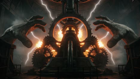 a dramatic scene of mechanical power: gigantic hands manipulating gears and sparks in a dark industrial setting with lightning illuminating the background