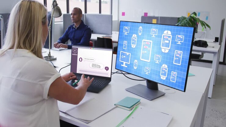 Caucasian businesswoman using laptop and computer with digital chat and icons in office