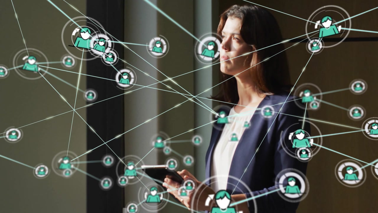 Woman tapping tablet powering technology network nodes growing into data-communication web overlay
