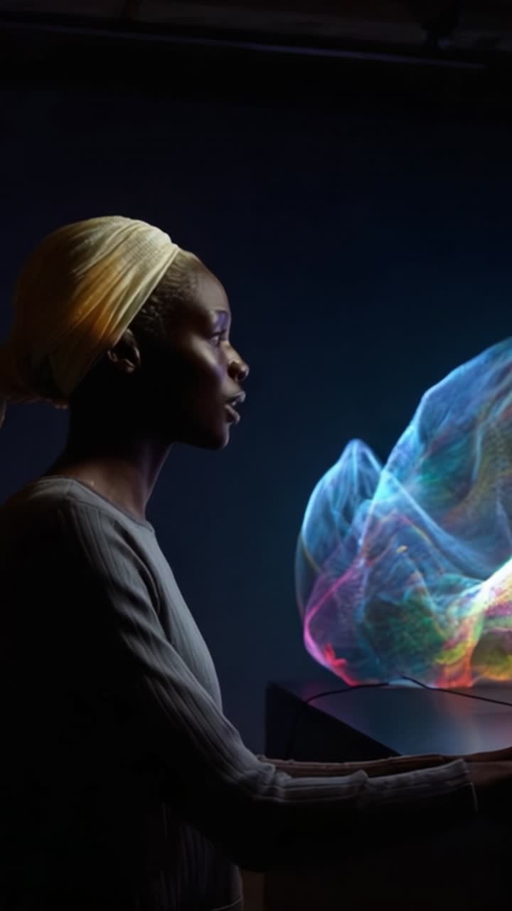 A vibrant fusion of colors and light, where technology and art intersect, showcasing a mesmerizing blend of hues in a digital landscape with human presence