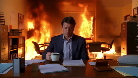 man calmly drinks coffee in burning office