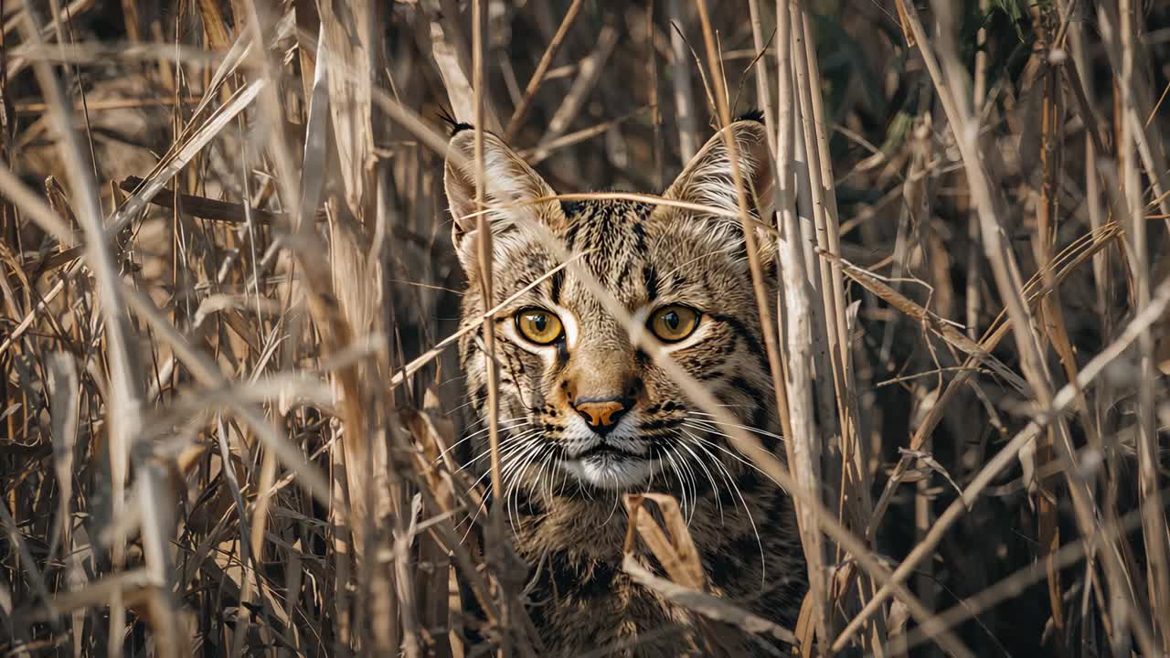 Peering wildcat shifting head as reeds shifting and scanning area in reedbed, with tall dry reeds