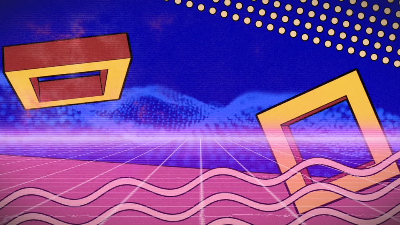 animación de formas coloridas sobre puntos de luz sobre fondo azul