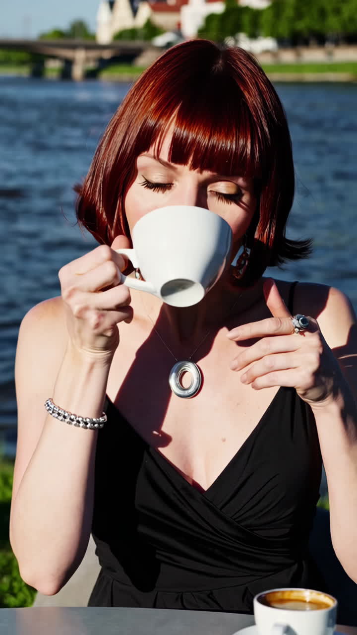 Woman enjoying coffee outdoors by the river