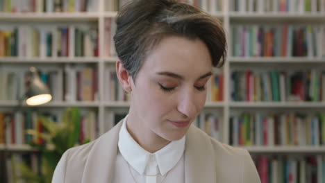 portrait of young beautiful business woman in library office texting browsing using smartphone mobile technology wearing stylish suit smiling happy