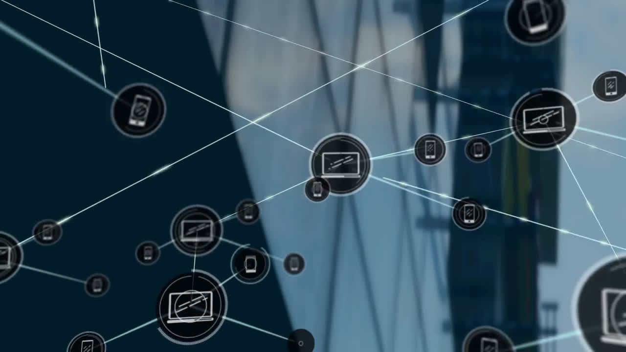 Animation of network of connections with icons over modern office building