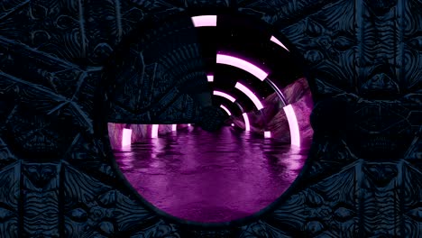 stone gate opens panoramic view to the alien landscape scene. 3d abstract background of sci-fi corridor. futuristic technology vj for tech titles and background.