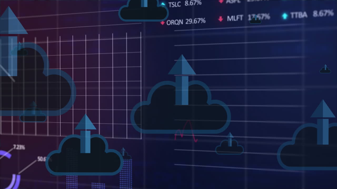 Animation of arrow in cloud with graphs, computer language and trading board over black background