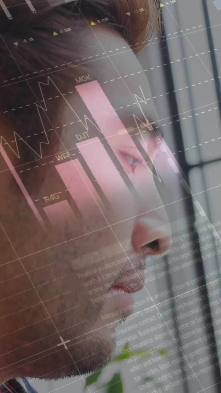 Animation of statistics and data processing over man using smartphone