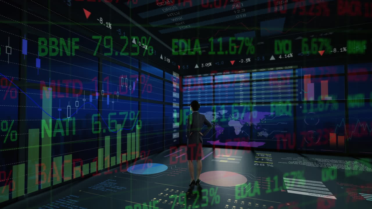 Animazione dell'elaborazione di dati finanziari su una donna d'affari in ufficio