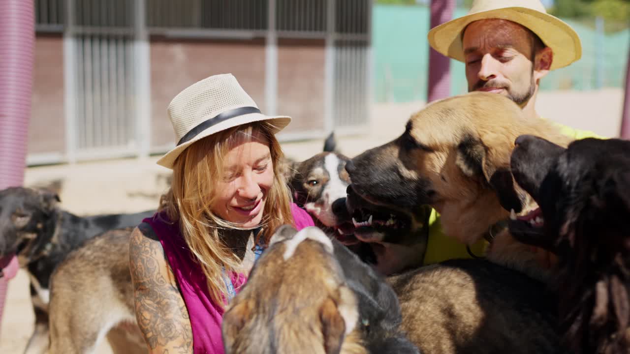 Voluntários felizes abraçando e acariciando cães em um abrigo de animais