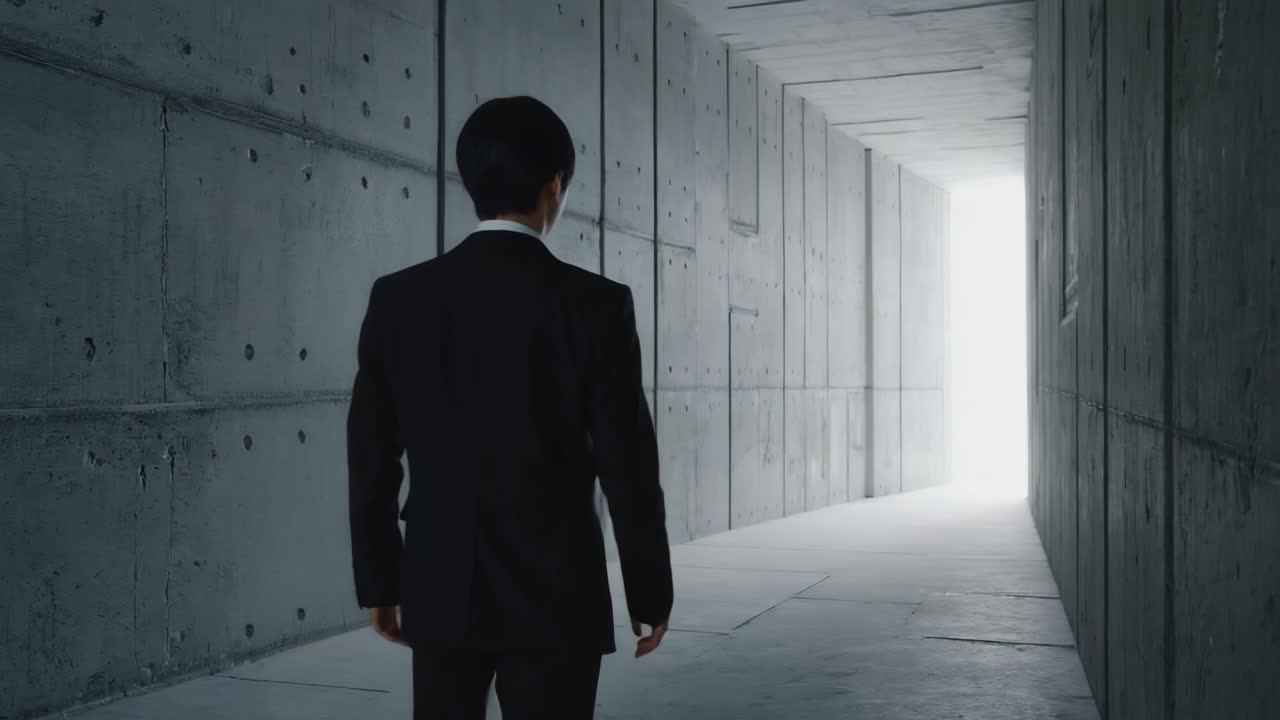 A man in a suit walks through a concrete tunnel towards a bright light