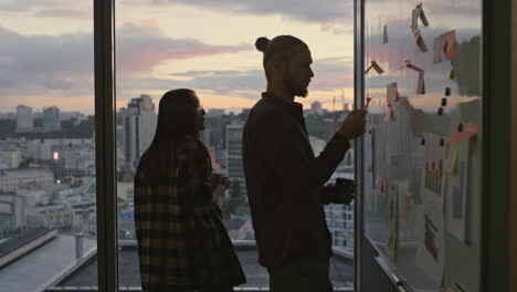 Colleagues-silhouette-working-sticker-wall-evening-close-up.-Startupers-planning