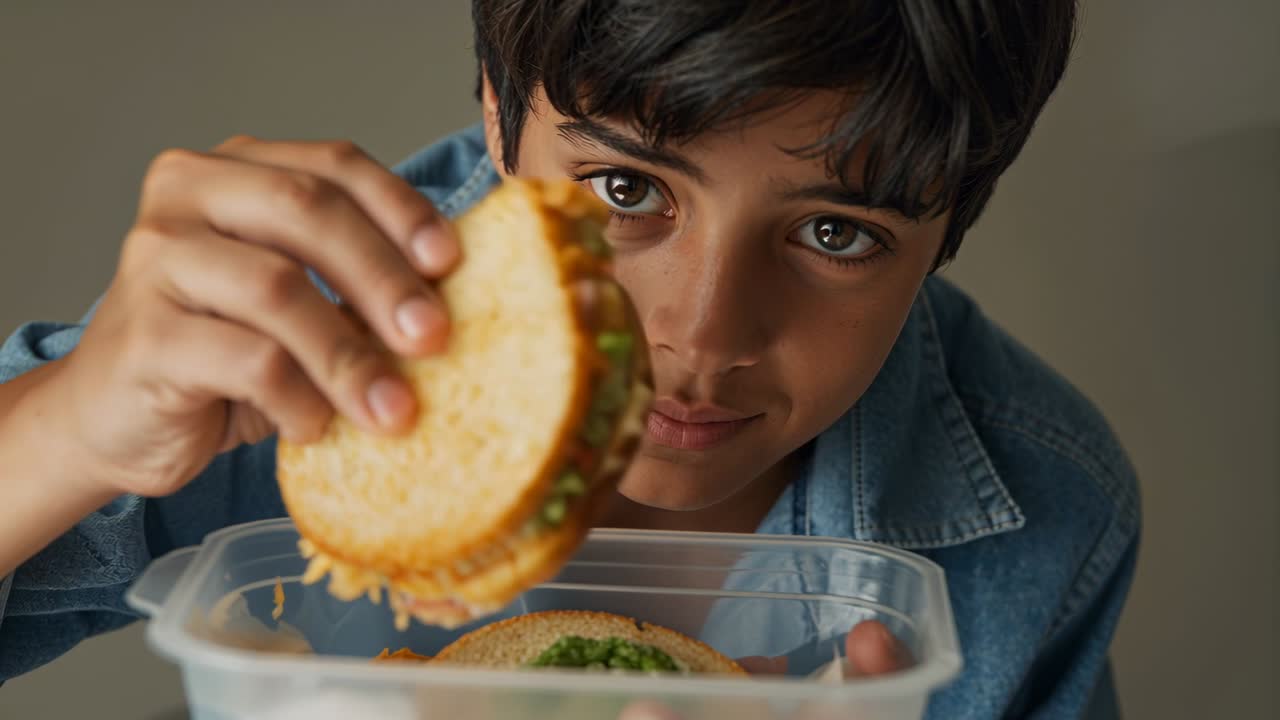 Ragazzo in camicia di jeans blu che si china su un tavolo, mettendo la mano in una scatola trasparente e offrendo un panino con ripieno verde.