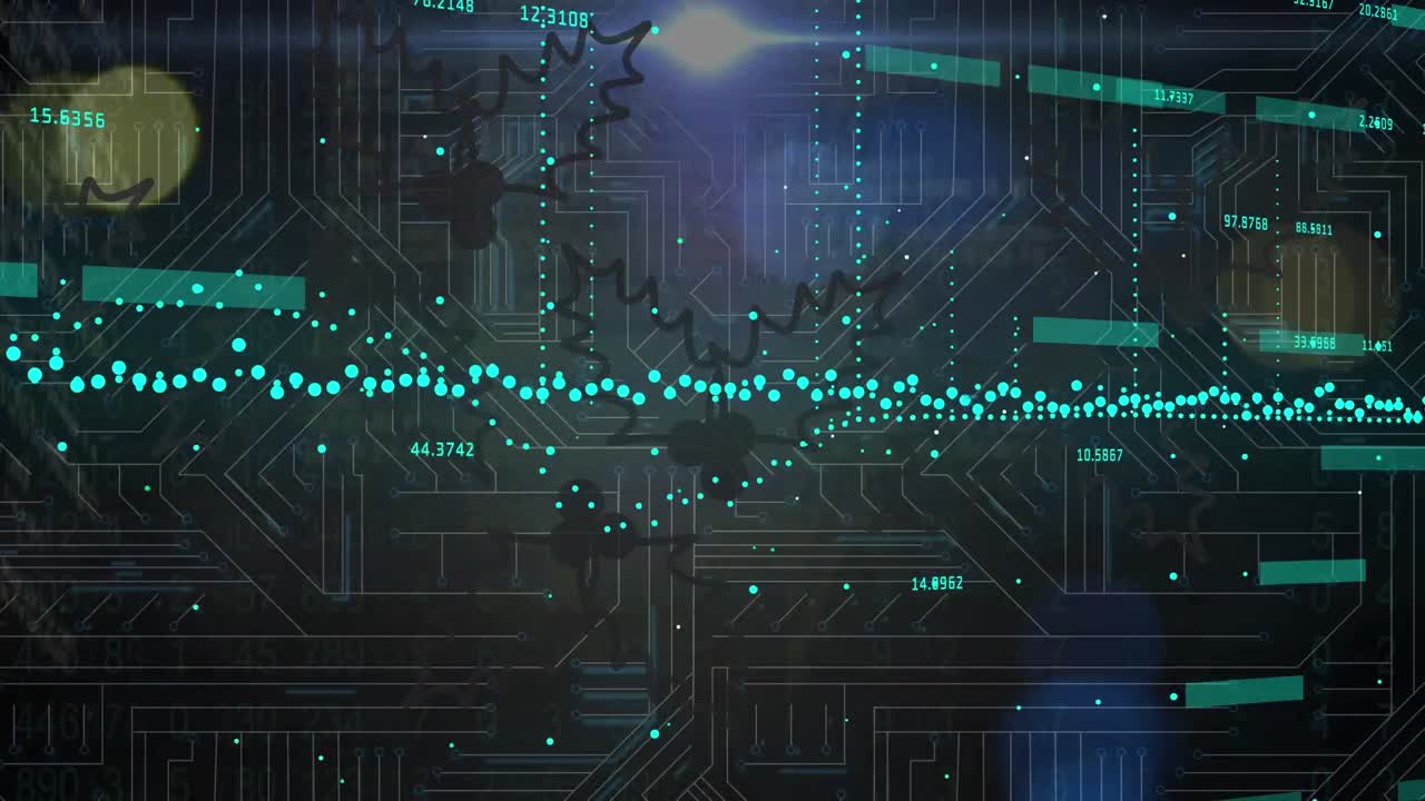 Animation of data processing and statistics over dark background