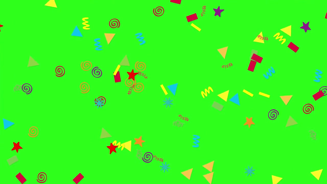 Vivaci forme geometriche 2D e stelle esplodono e fluttuano su uno schermo verde brillante