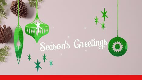 animación de las estaciones saludos texto sobre conos de pino de navidad.