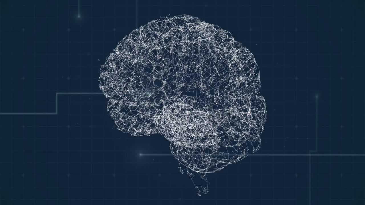 Animation of human brain with network of connection over grid