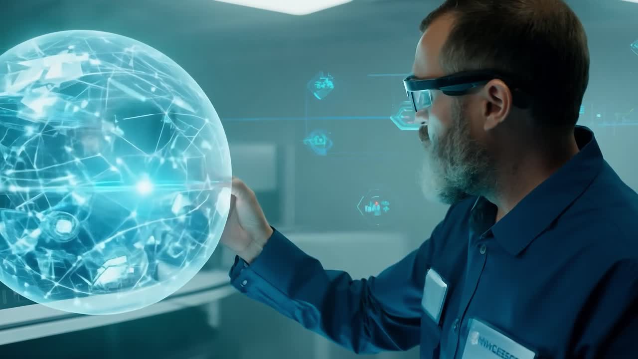 un hombre con gafas de realidad virtual interactúa con un globo digital que representa una red de datos y conexiones.