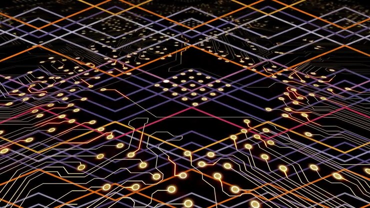 Animation of computer circuit board over shapes on black background