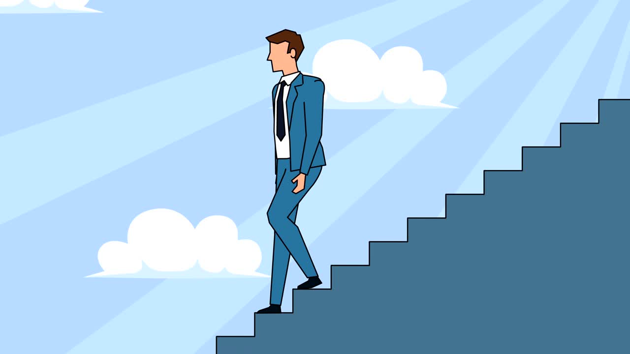 personaje de dibujos animados de hombre de negocios plano baja por la escalera de la carrera escaleras de concepto de animación