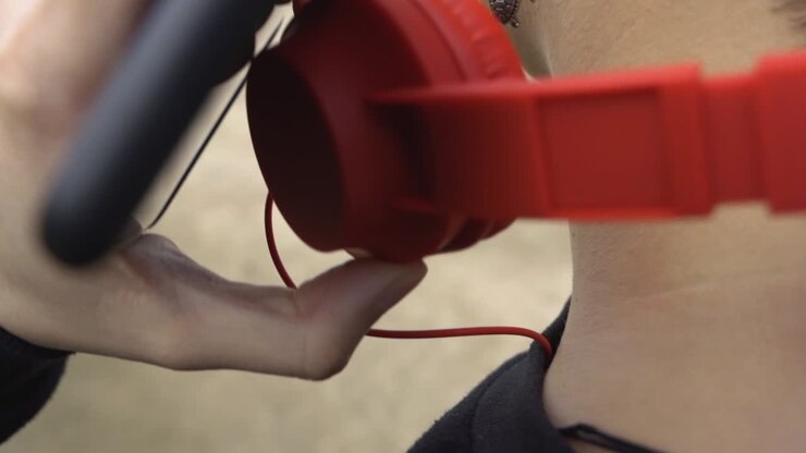 Woman puts on headphones, then looks and touches the mobile screen