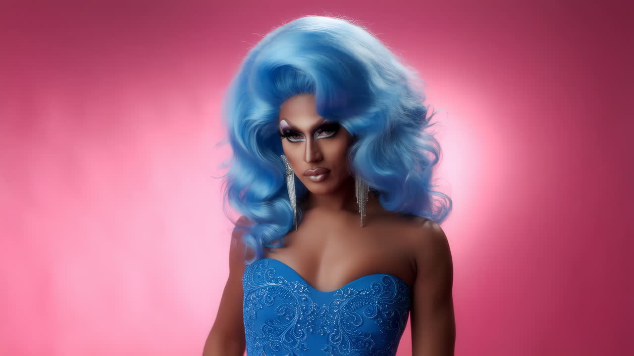 Glamorous Drag Queen with Blue Wig and Bold Makeup