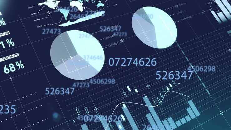 Animation of statistics and data processing on black background