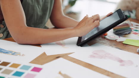 woman, tablet and hands in small business