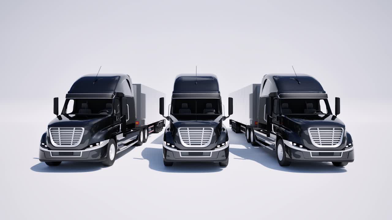 estilo estadounidense color negro semi-camiones con remolques en fondo blanco 3d animación cámara dolly up