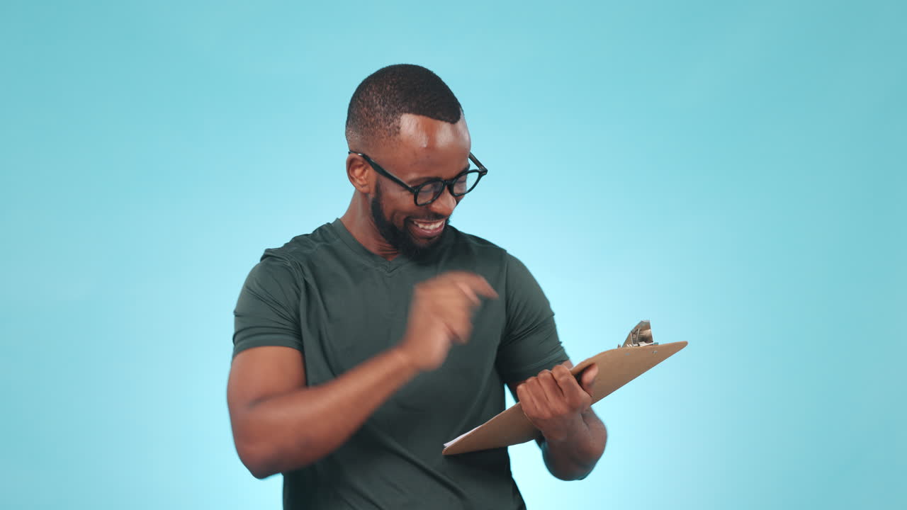 Man, clipboard and hand a smile