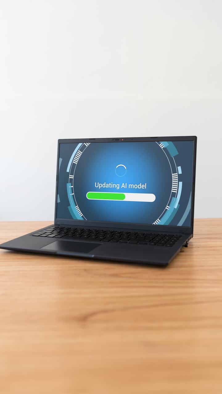Vertical shot of laptop updating AI model. Concept of new artificial intelligence develpment.