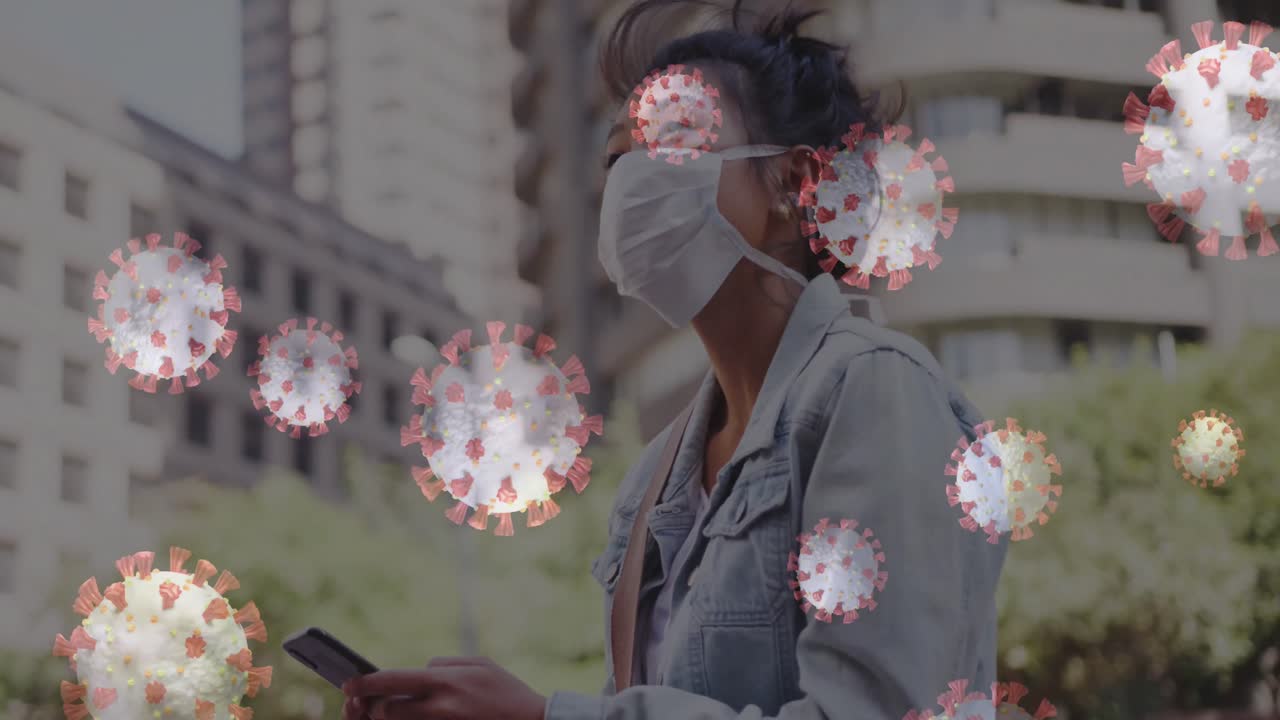 Coronavirus cells spreading over woman with mask.