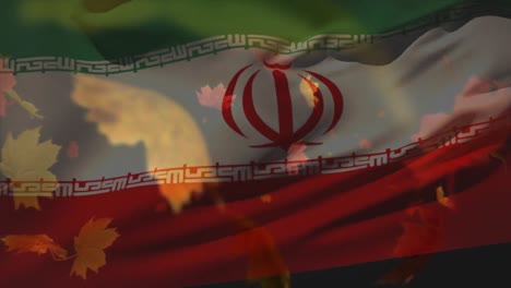 Digitale-Komposition-Der-Iranischen-Flagge,-Die-über-Herbstblättern-Schwenkt,-Die-Gegen-Wolken-Am-Himmel-Fallen