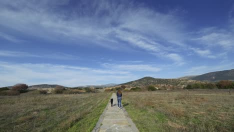 the woman is walking in nature with her black dog, the camera takes them from behind