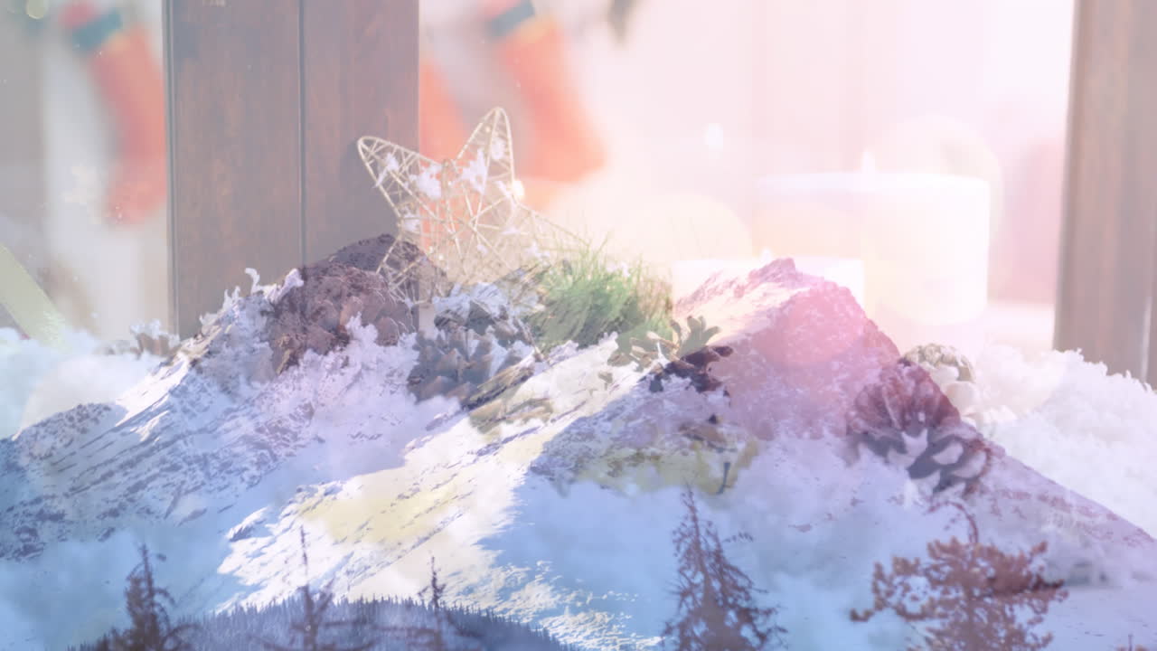 크리스마스 에 장식 된 집 위 에 있는 산 들 의 애니메이션