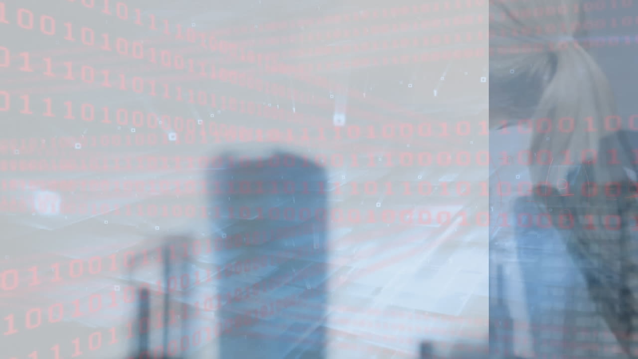 사무실과 도시 풍경에서 여성에 대한 데이터 처리의 애니메이션