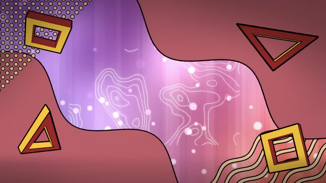 핑크색과 보라색 선의 윤선과 반점 위에 회전하는 모양과 파란색 선의 애니메이션