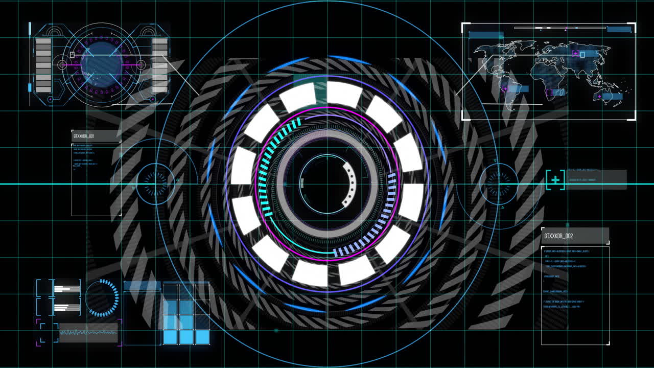 Animation of futuristic digital interface with circular patterns and data charts