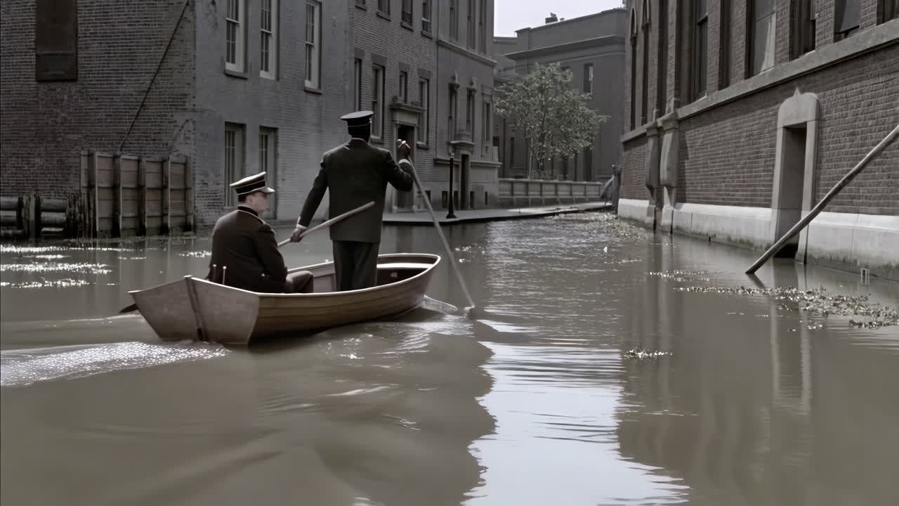 Men Rowing a Boat Through a Flooded City Street
