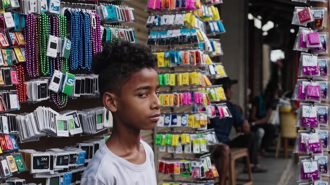 Young african boy standing in front of a colorful display of phone accessories and sim cards in a street market, observing the merchandise with curiosity, while a vendor sits in the background
