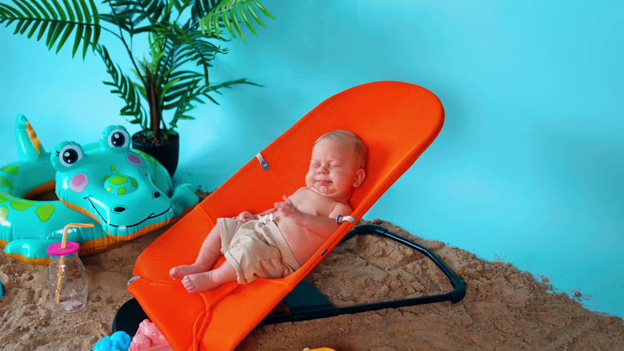 Lovely baby boy wearing shorts sits in the orange chair. Infant having rest on the improvised beach.
