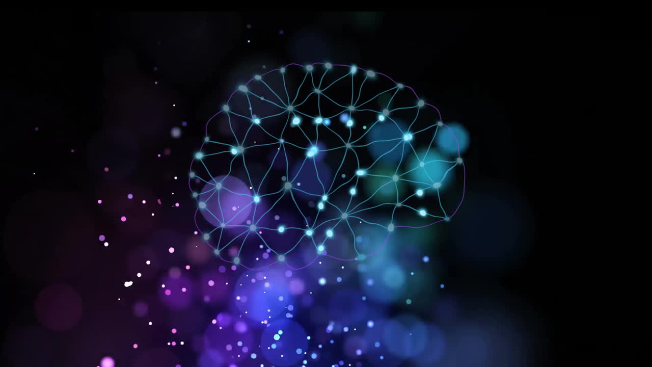 Animation of human brain and glowing spots of light over black background