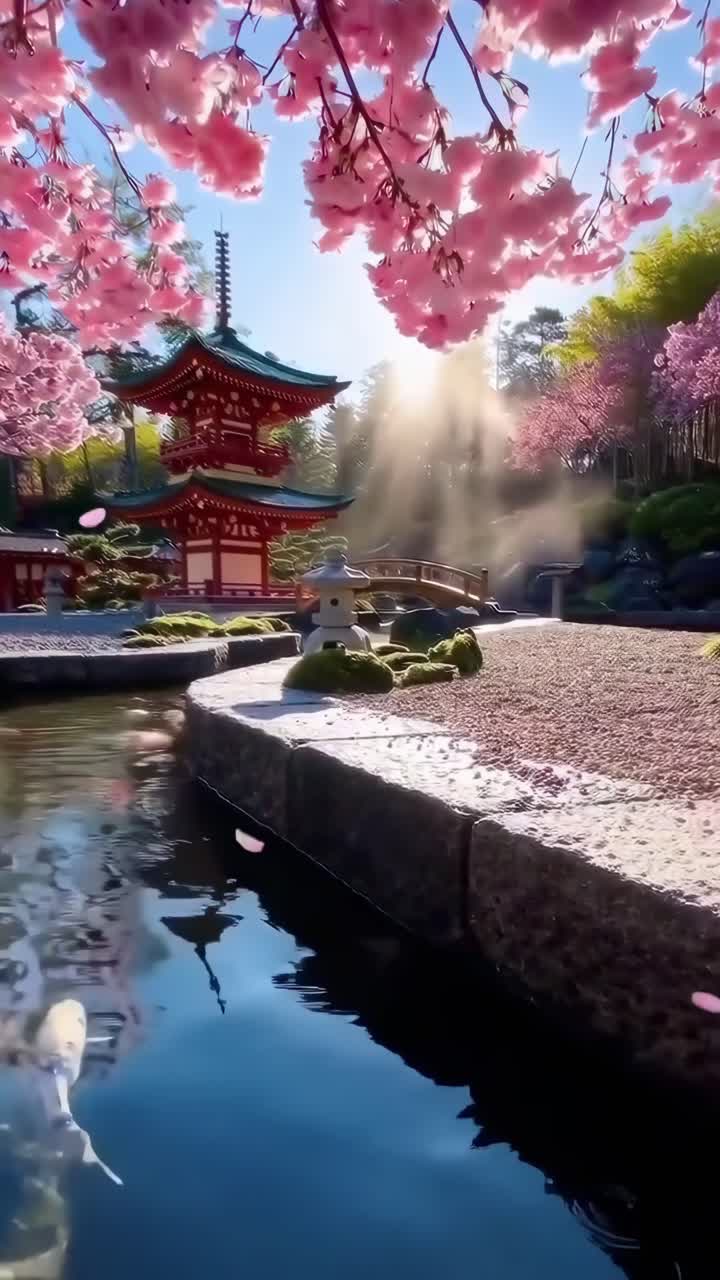 Video rilassante di un giardino con fiori di ciliegio, laghetto di koi e pagoda. L'angolo basso cattura la tranquillità, Live