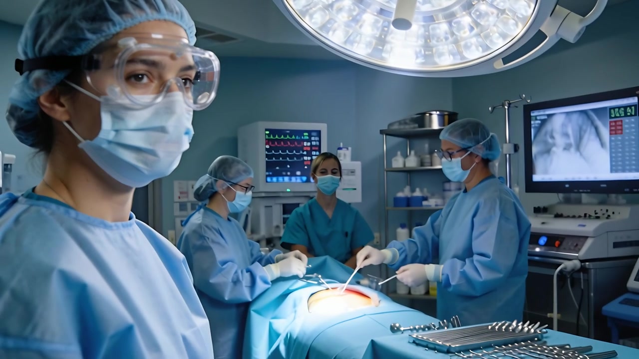 Adjusting lead surgeon in blue gown fastening goggles prepping for surgery in OR light, copy space