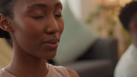 relax, zen and a couple in meditation in living