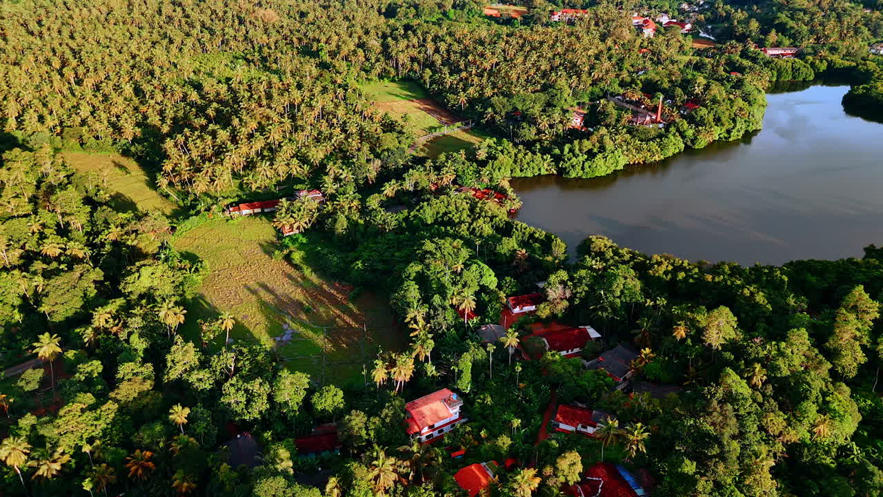 Cottages with red roofs stand out from the green scenery of tropical woods. Approaching a village near the river in Sri Lanka, South Asia. Top view.